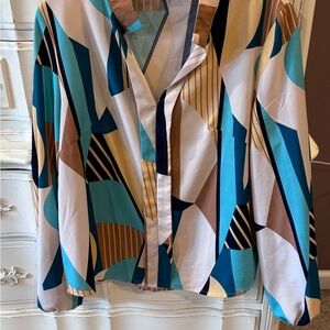 Geometric Print Long-Sleeve Blouse in Teal, Beige & Black